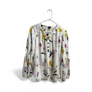 Ann Taylor Petite Floral Textured Blouse MP Long Sleeve White